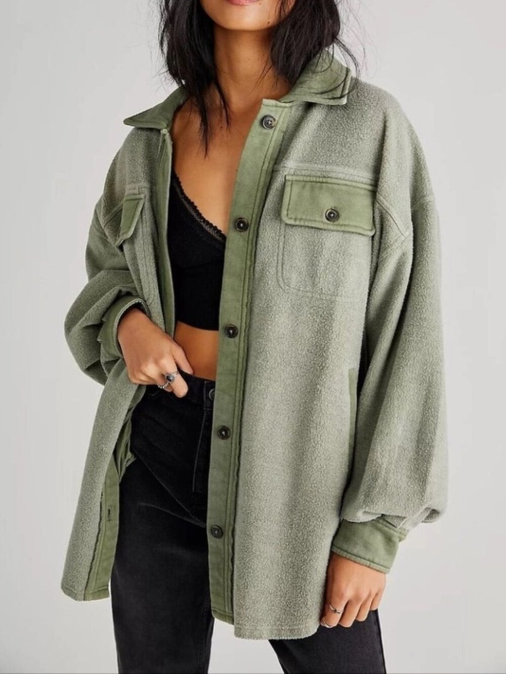 Nwt Free People $128 Womens XL Ruby Button Down Oversized Jacket Jaded Green